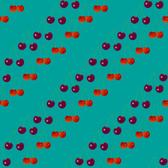 Cherry seamless pattern. Sweet cherry and cherry on a turquoise background in seamless pattern 