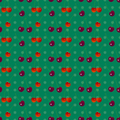 Cherry seamless pattern 2. Sweet cherry and cherry on a green polka dot background in seamless pattern