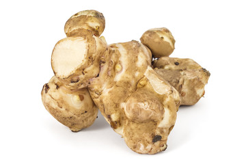Fresh raw Jerusalem artichoke isolated on white background