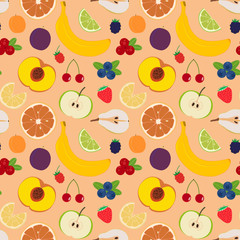 Fruits and berries seamless pattern 5. Illustration of some fruits, citruses and berries