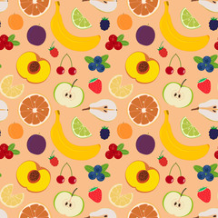 Fruits and berries seamless pattern 5. Illustration of some fruits, citruses and berries