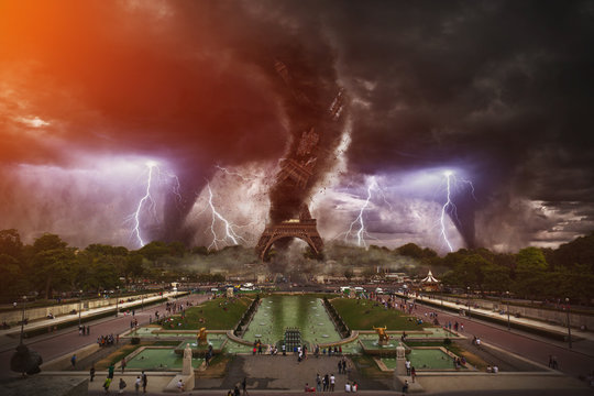 Large tornados destroying the Eiffel Tower