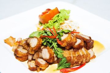 deep fried pork belly with liver sauce