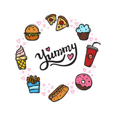 Vector fast food doodle style circle frame with hand lettered inscription