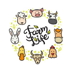 Vector farm animals doodle style circle frame with hand lettered inscription
