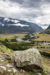 View to the valley of Chulyshman river on the way to Mushroom rocks, Altai.