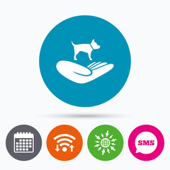 Shelter pets sign icon. Hand holds dog symbol.