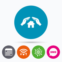 House insurance sign icon. Hands protect cover.