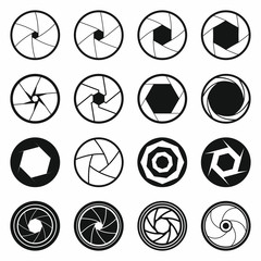 Camera shutter icons set, black simple style