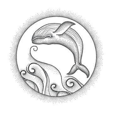 Vector illustration of dotted humpback whale, curly lines and round frame in black isolated on white background. Maritime theme with whale for summer design. Marine elements in trendy dotwork style.