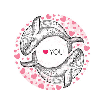 Vector illustration with two dotted humpback whale in black and decorative round frame with pink hearts isolated on white background. Greeting card for Valentine day. Marine elements in dotwork style.