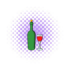 Wine bottle and wine glass icon, comics style 