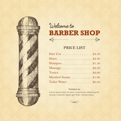 Vintage template of barber shop price list with pole.