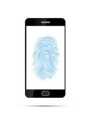 Realistic black smartphone with Imprint of the thumb finger human hand, isolated on white