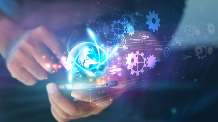 Hand touch screen smart phone.Digital technology concept,Social