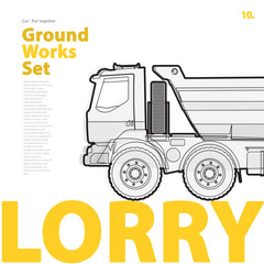 Outline typography set with lorry. Outlined truck. Construction machinery vehicle. Construction equipment for building. Nice ground works typography page.