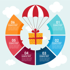 Circle infographic with a gift falling with a parachute. Vector illustration