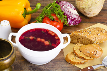 Healthy Food: Soup with Beets, Tomato and Vegetables