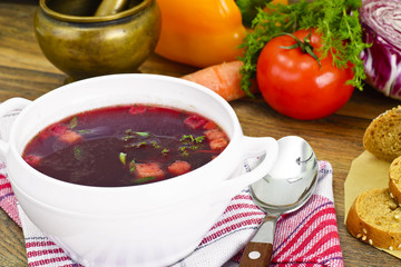 Healthy Food: Soup with Beets, Tomato and Vegetables