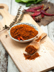 Cayenne pepper spice on wooden table