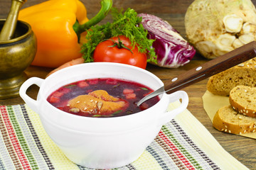 Healthy Food: Soup with Beets, Tomato and Vegetables