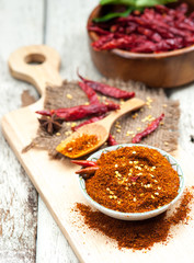 Cayenne pepper spice on wooden table