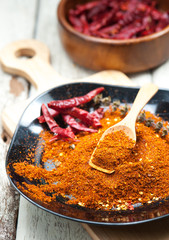 Cayenne pepper spice on wooden table