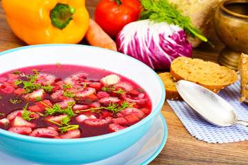 Healthy Food: Soup with Beets, Tomato and Vegetables