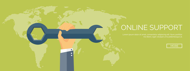 Vector illustration. Flat background. Web service. Mechanical tools. Development, online support.