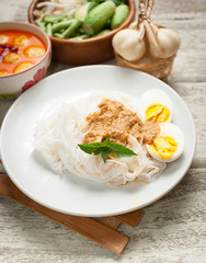 Thai rice vermicelli on wooden table