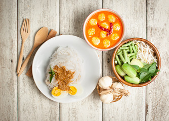 Thai rice vermicelli on wooden table