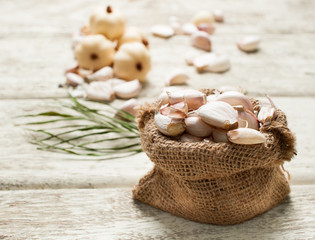 Fototapeta na wymiar Fresh garlic on wooden background