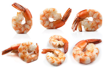 Collage of Cooked shrimp isolated on white background.