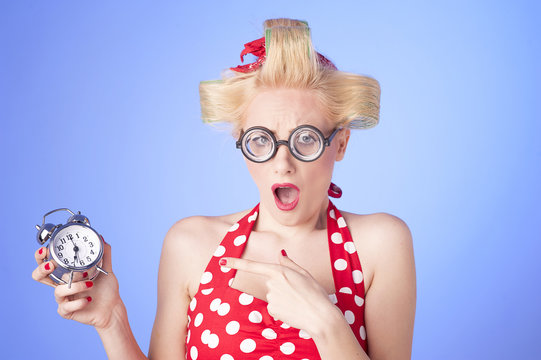 Funny Young Blonde Pinup Woman With Alarm-clock