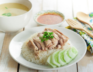 Hainanese chicken rice , Thai gourmet steamed chicken with rice