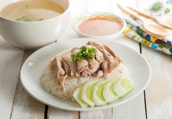 Hainanese chicken rice , Thai gourmet steamed chicken with rice