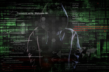 hacker at work with graphic user interface around