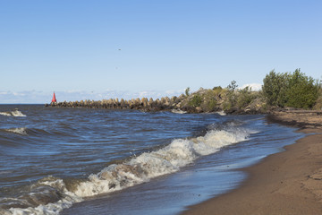 Coast of the White lake and pier at the city of Belozersk in the Vologda region, Russia