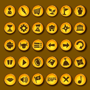 Cartoon vector video game icon set in greek style. Gold coinds with video game app symbols for graphic user interfaces of fun games for mobiles,tablets and computers