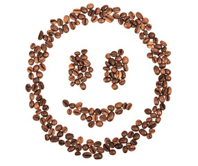 Smile shaped coffee beans isolated on white background