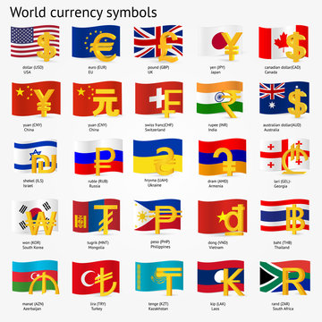 World currency symbols with flag icon set.  Money sign icons with national flags. Vector illustration.