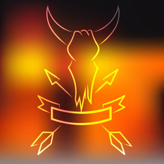 Vector bull skull with horns, arrows and ribbon,  in the style of old school
