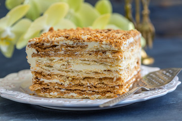 Cake of puff pastry closeup.