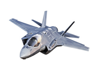 Angled view of a F35 jet aircraft isolated on a white background. - obrazy, fototapety, plakaty