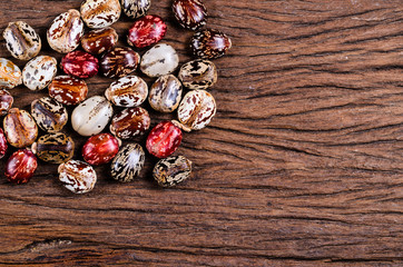Dried of castor bean on wooden table