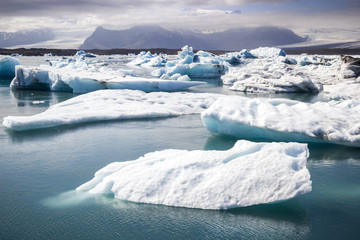 Glacial lake at Jokulsarlon, Iceland. Fragments of white icebergs in a vivid blue lake with...