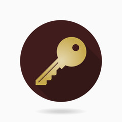Fine vector golden key icon in the brown circle. Flat design and long shadow