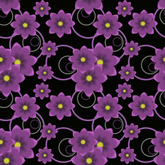 Floral seamless pattern in retro style, cartoon cute flowers black background