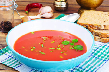 Tomato Soup with Basil in Plate. National Italian Cuisine