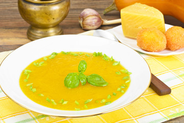 Carrot, Pumpkin Cream Soup with Cheese Balls Diet Food